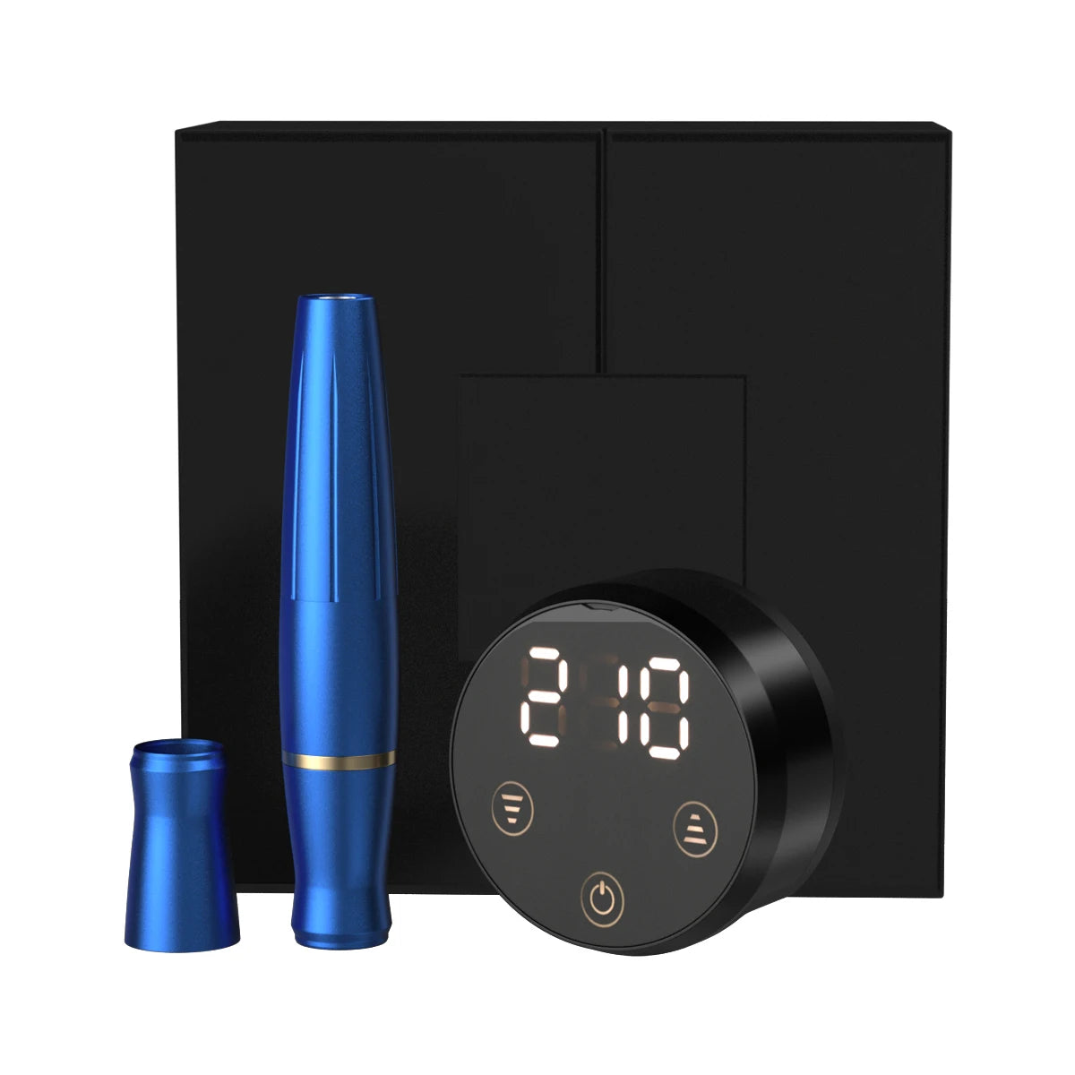 Blue tattoo pen machine with digital power supply and display, featuring control buttons for adjustment.