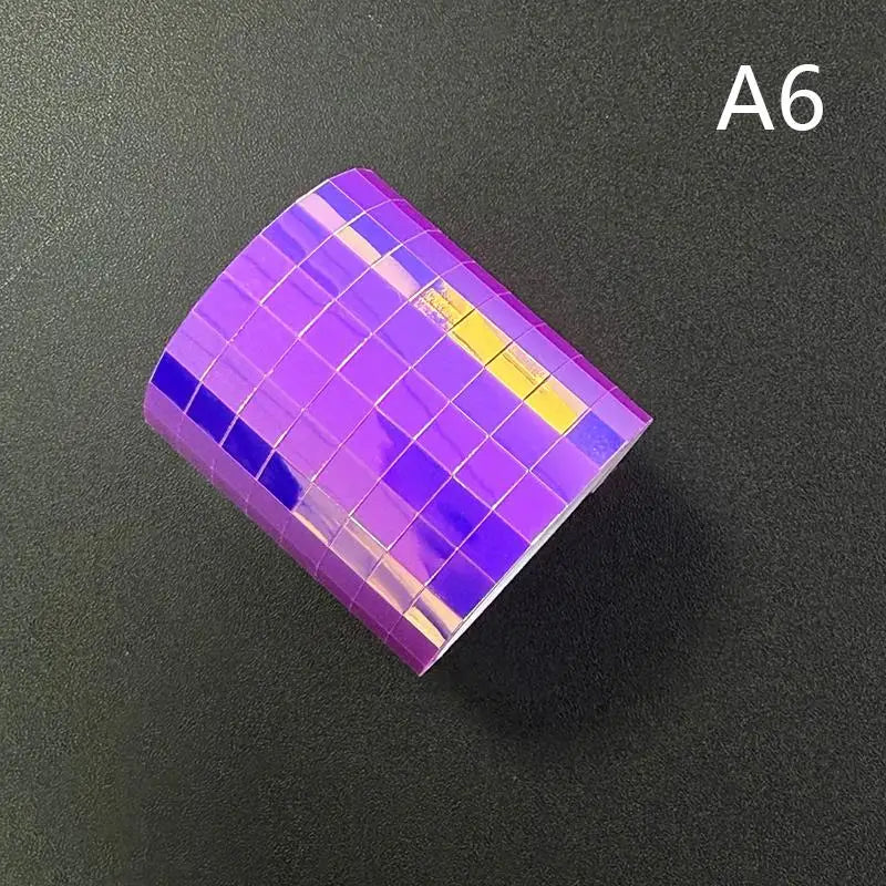 Self-adhesive mosaic glass tape swatch in purple mirror tiles with yellow accent square
