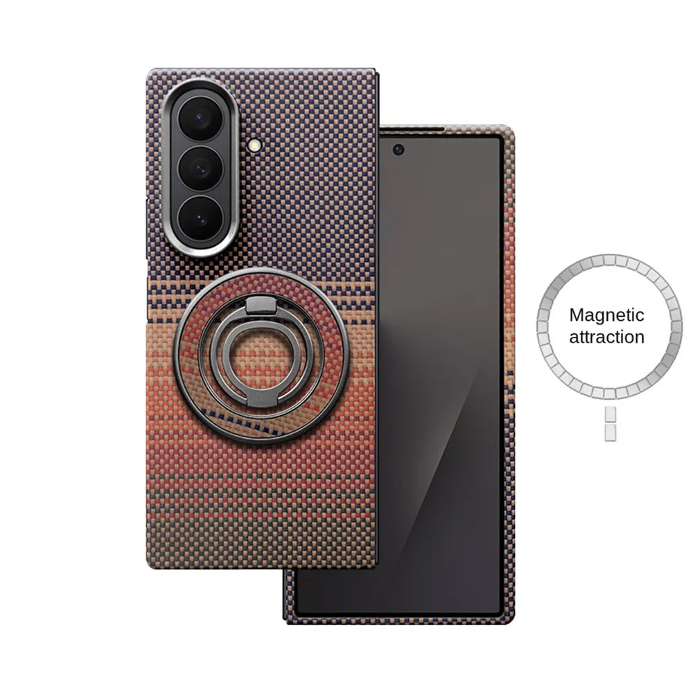 Samsung Galaxy S24 Ultra phone case with woven multicolored texture, built-in magnetic ring, and foldable kickstand.