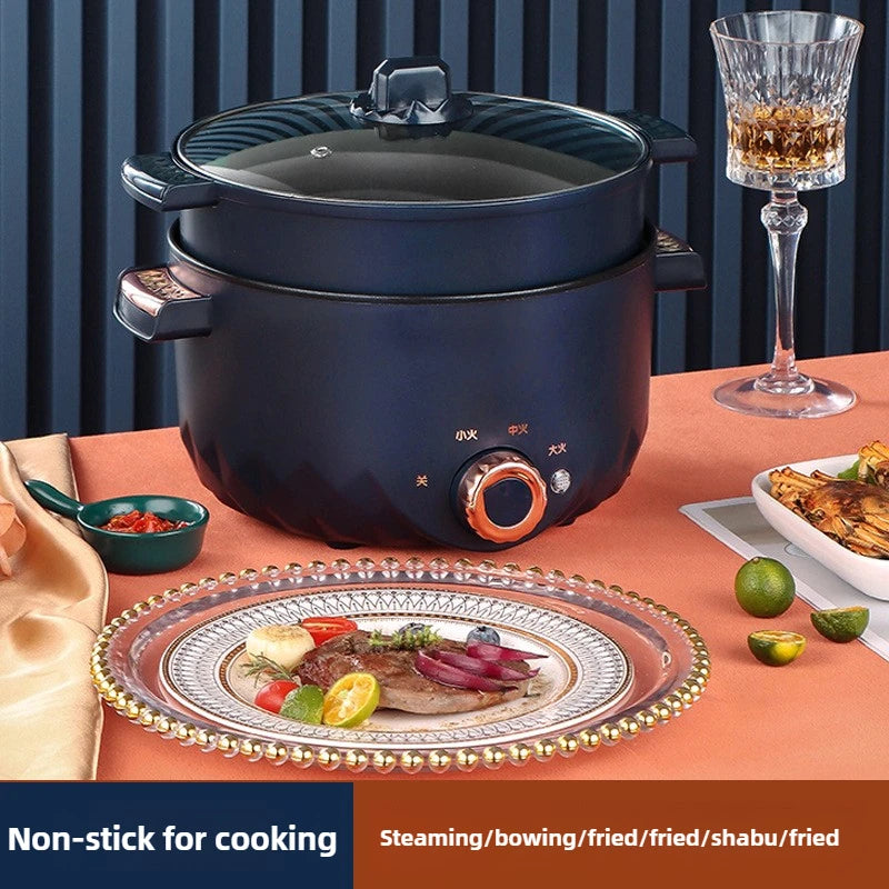 Non-stick electric hot pot multi cooker with glass lid and orange control knob