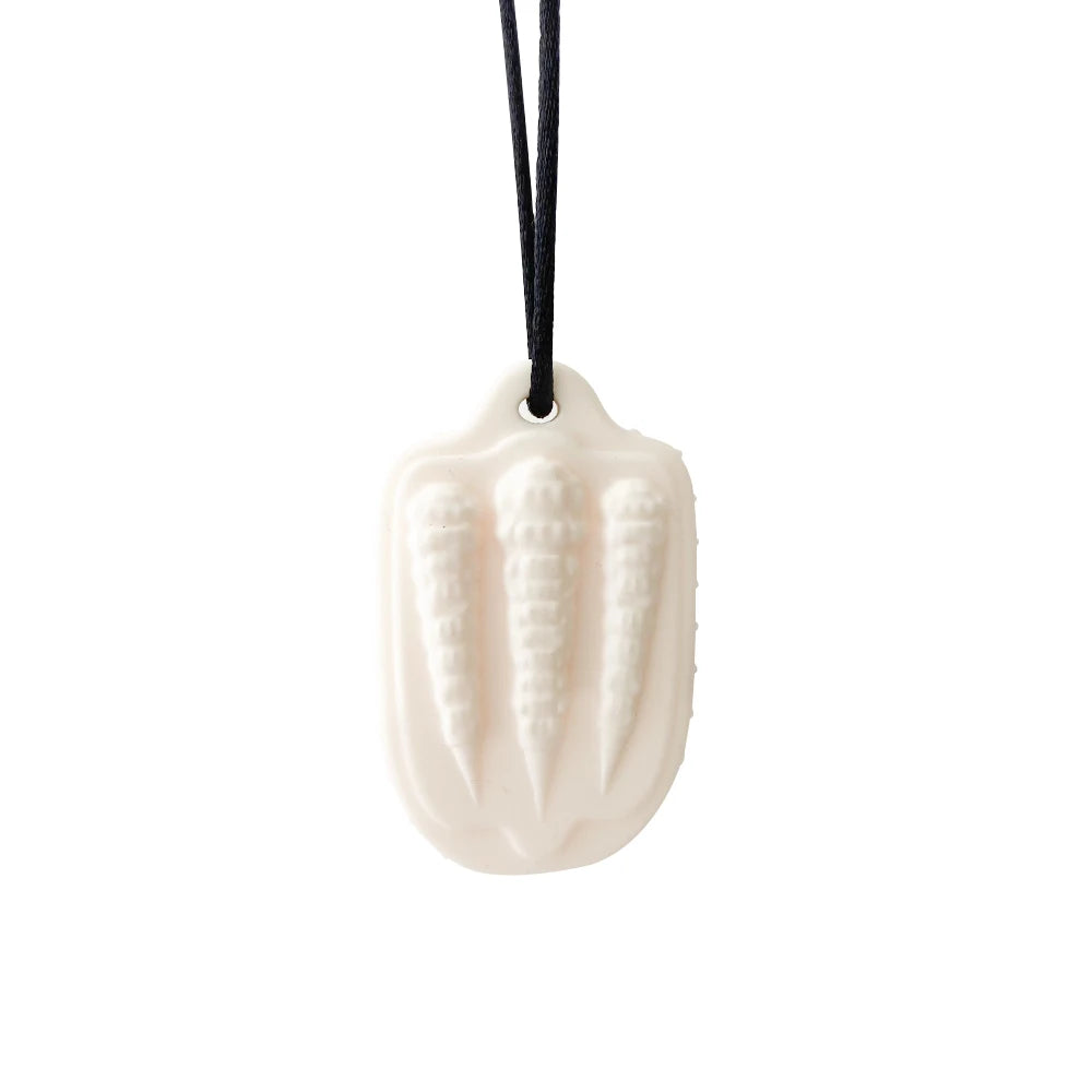 White silicone baby teething toy pendant for natural teething relief.