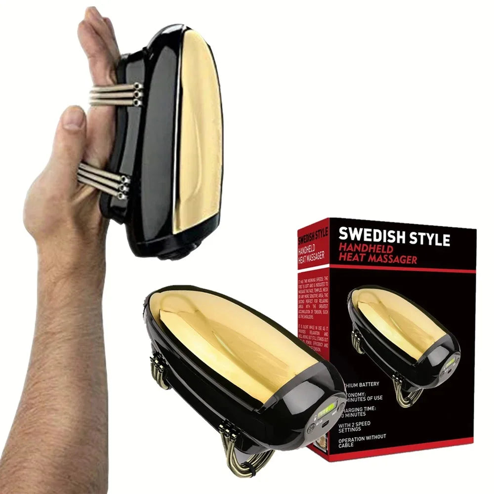 Cordless handheld heat massager with black and gold finish, two finger loops, and two massage nodes, next to its box.