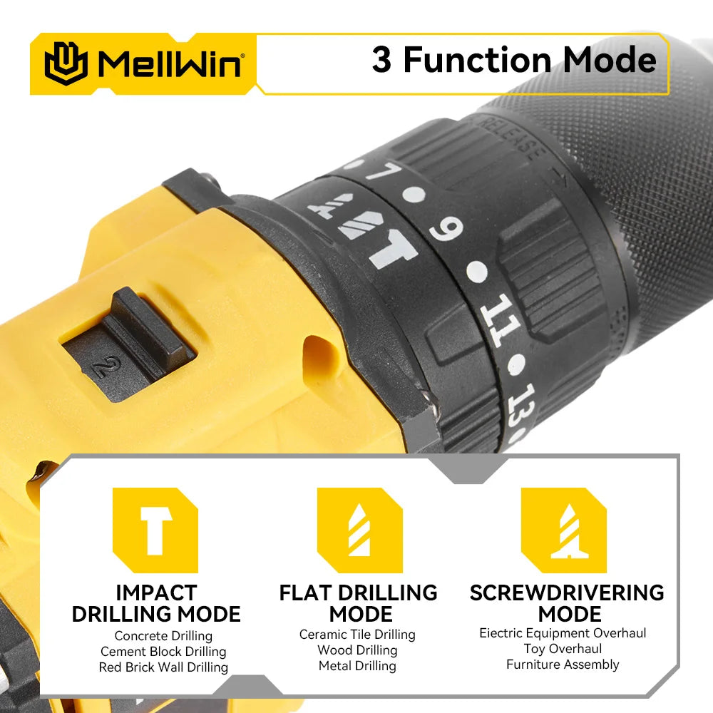 MELLWIN 13MM Brushless Electric Impact Drill 25+3 Torque Handheld Flat Drill Screwdriver Power Tools For Makita 18V Battery Pin