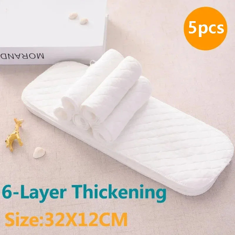 5-pack of 6-layer thickened cotton baby diaper inserts, 32x12cm, white quilted absorbent baby care cloth liners.