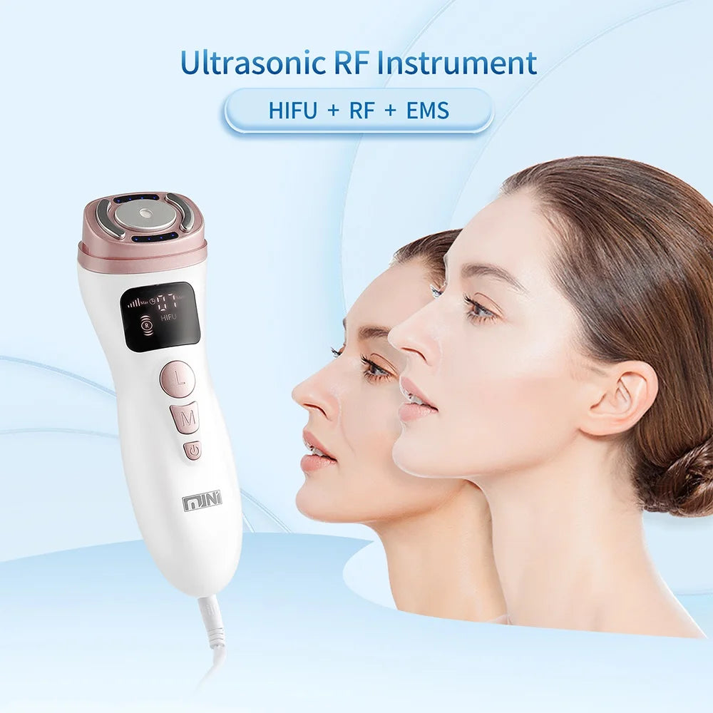 White and rose gold handheld facial lifting device with digital display next to a woman's profile.