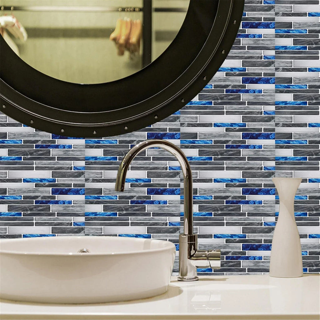 Self-adhesive 3D tile wall sticker with blue-and-gray brick pattern on a wall