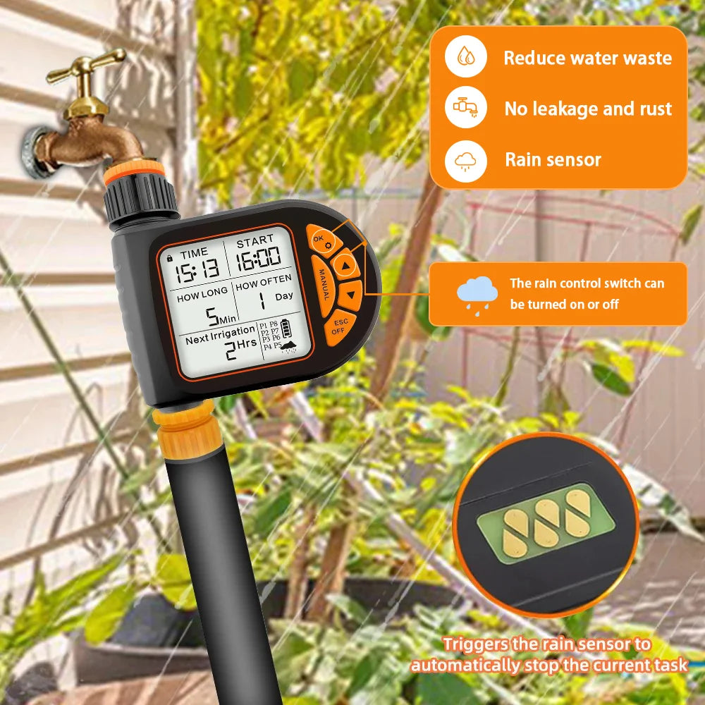 20M Smart Garden Timer Irrigation Set  LCD Automatic Watering Controller Set With Rain Sensor for Farms IPX5 Waterproof