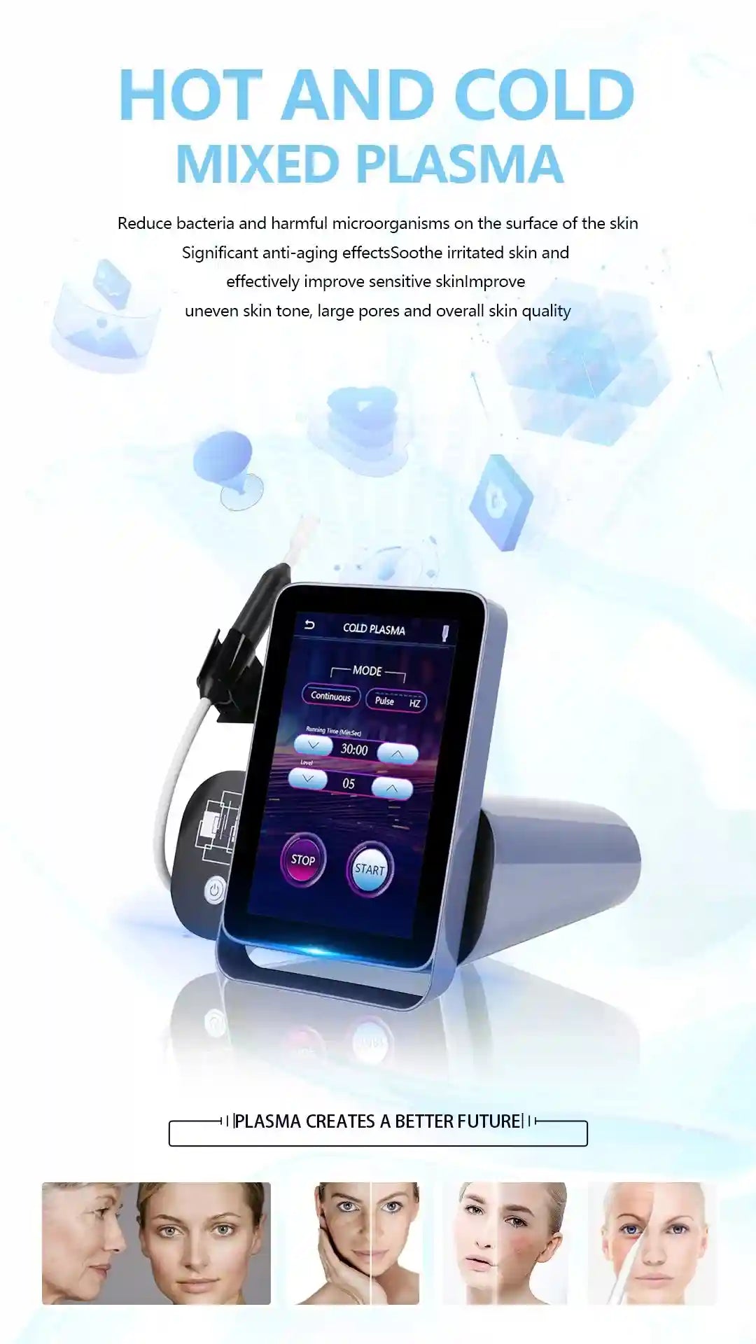 6-in-1 cold plasma beauty device with touchscreen for skin deep cleaning, anti-aging, and freckle removal.
