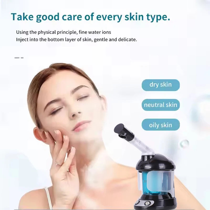 Woman using black and blue nano facial steamer for deep pore cleansing and spa mist hydration on all skin types.