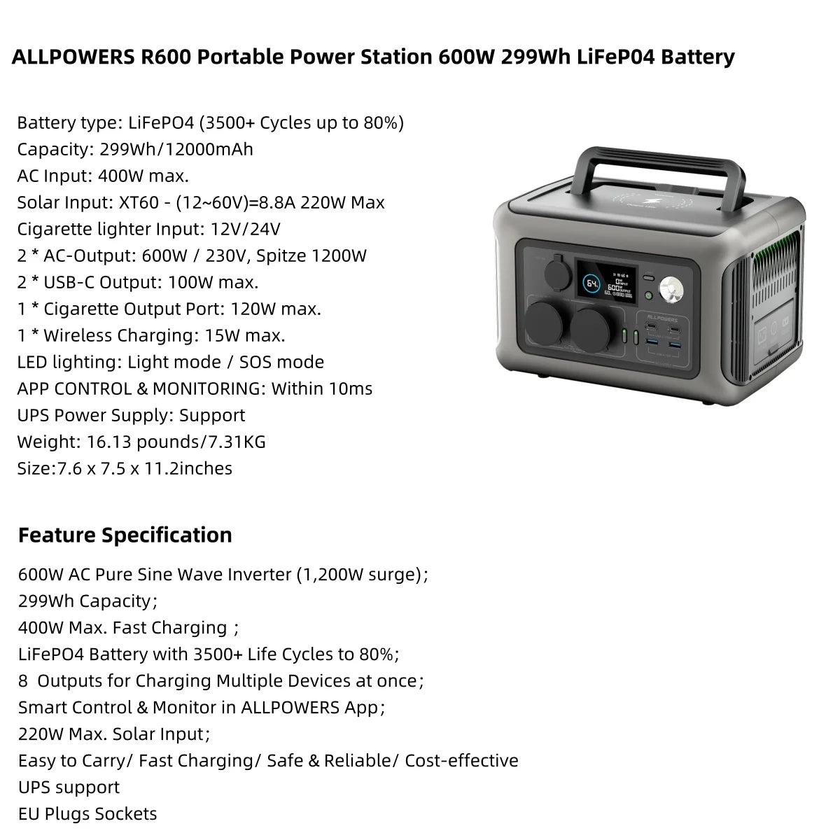 Portable Power Station 299Wh 600W LiFePO4 Fast Charging Battery Tidesmit