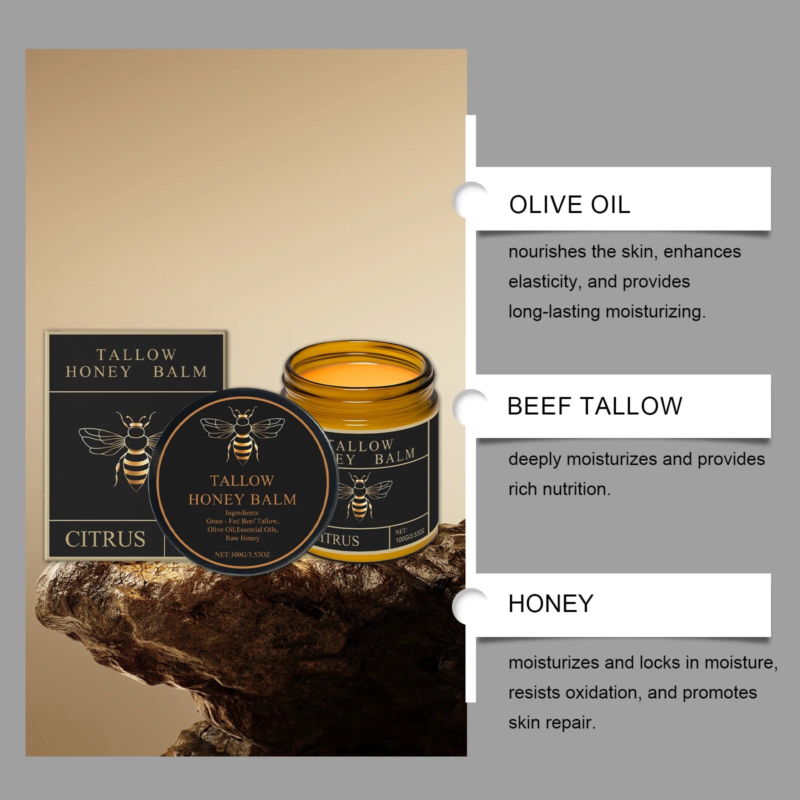 3Designs Natural Grass Fed Beef Tallow Honey Balm Lasting Hydrating Skin Improve Elasticity Korean Face Body Moisturizer Lotion
