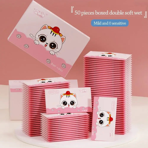 Oxilim 50-piece boxed baby wet wipes with cute cat design for sensitive skin. Soft, mild baby care cleaning tissues.