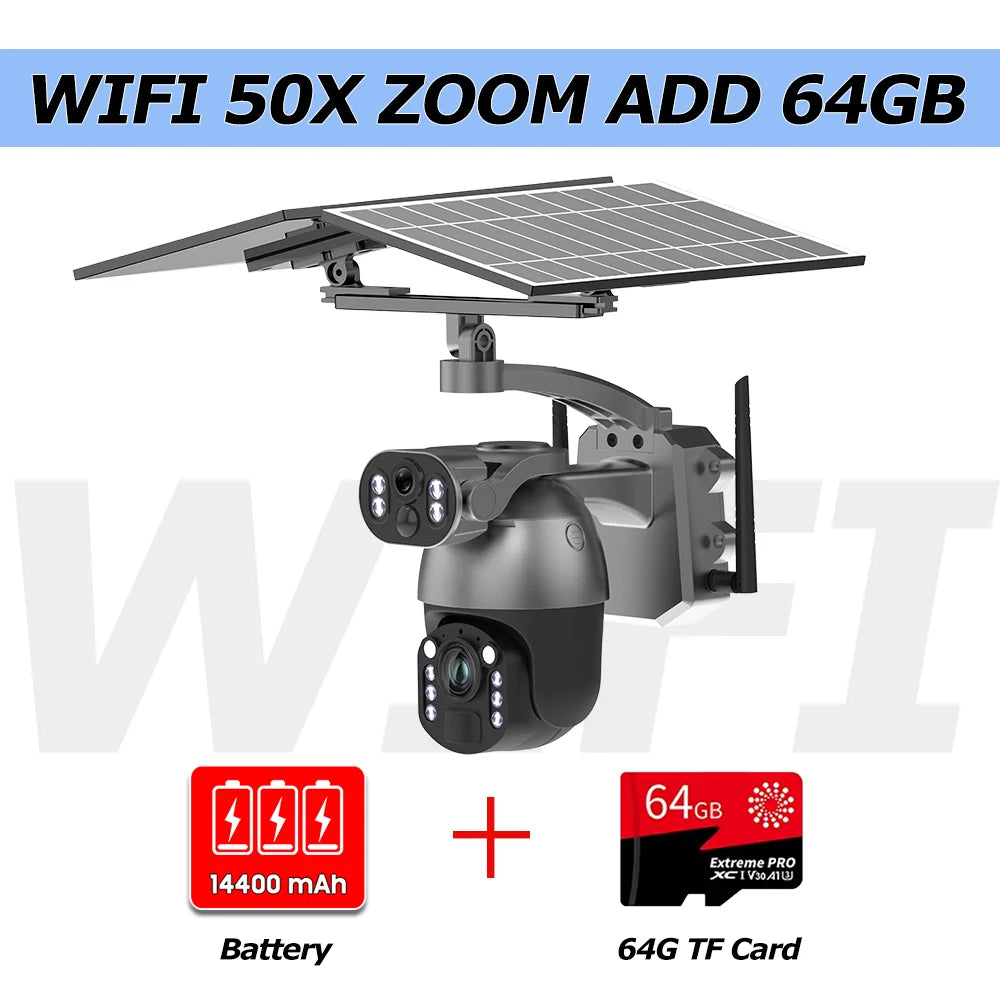 WiFi solar PTZ security camera with dual lenses, 50X zoom, 64GB included, dark gray body