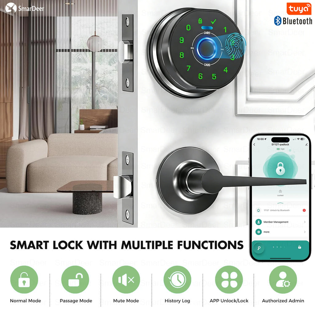 SmarDeer Fingerprint Door Lock, Electronic Keyless Entry Door Knob Lock with Handle, Remote Passcode Generation for Tuya Smart