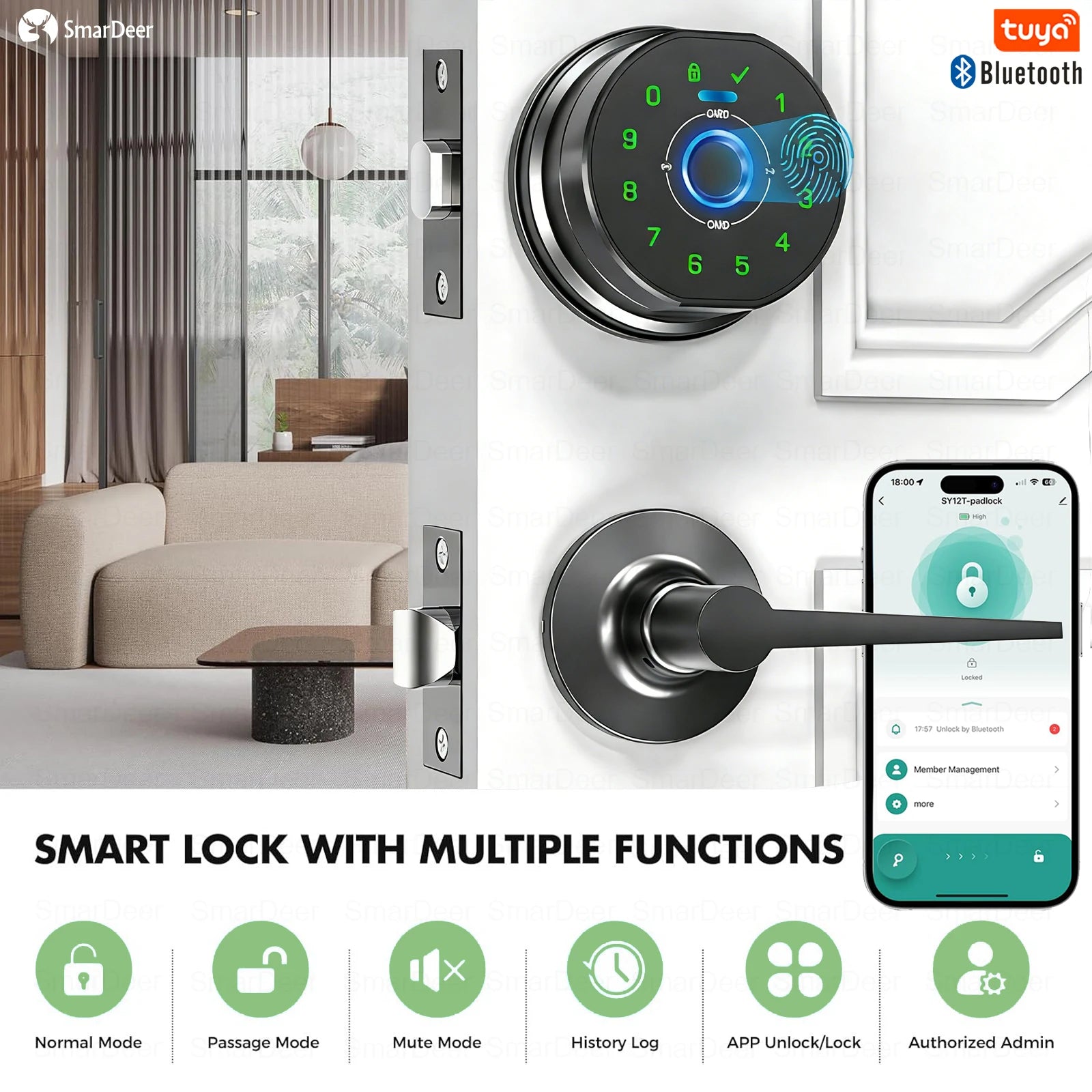 SmarDeer Fingerprint Door Lock, Electronic Keyless Entry Door Knob Lock with Handle, Remote Passcode Generation for Tuya Smart