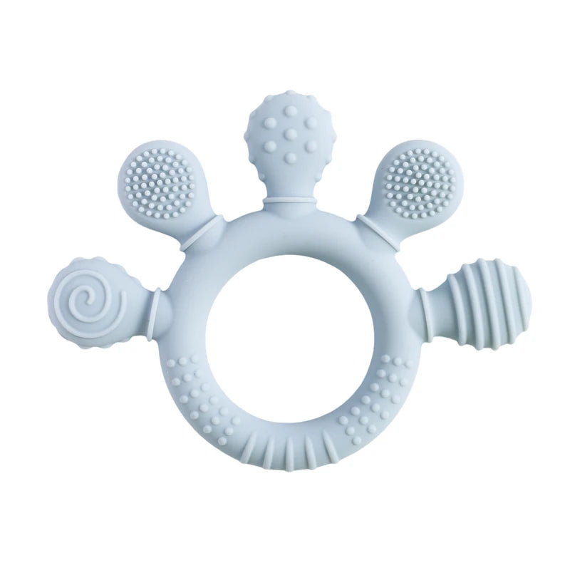 Light blue silicone baby teething ring toy for infant gum relief.