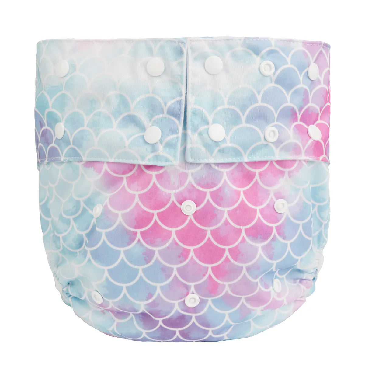 Reusable cloth baby diaper with adjustable snaps, featuring a colorful watercolor mermaid scale print design.