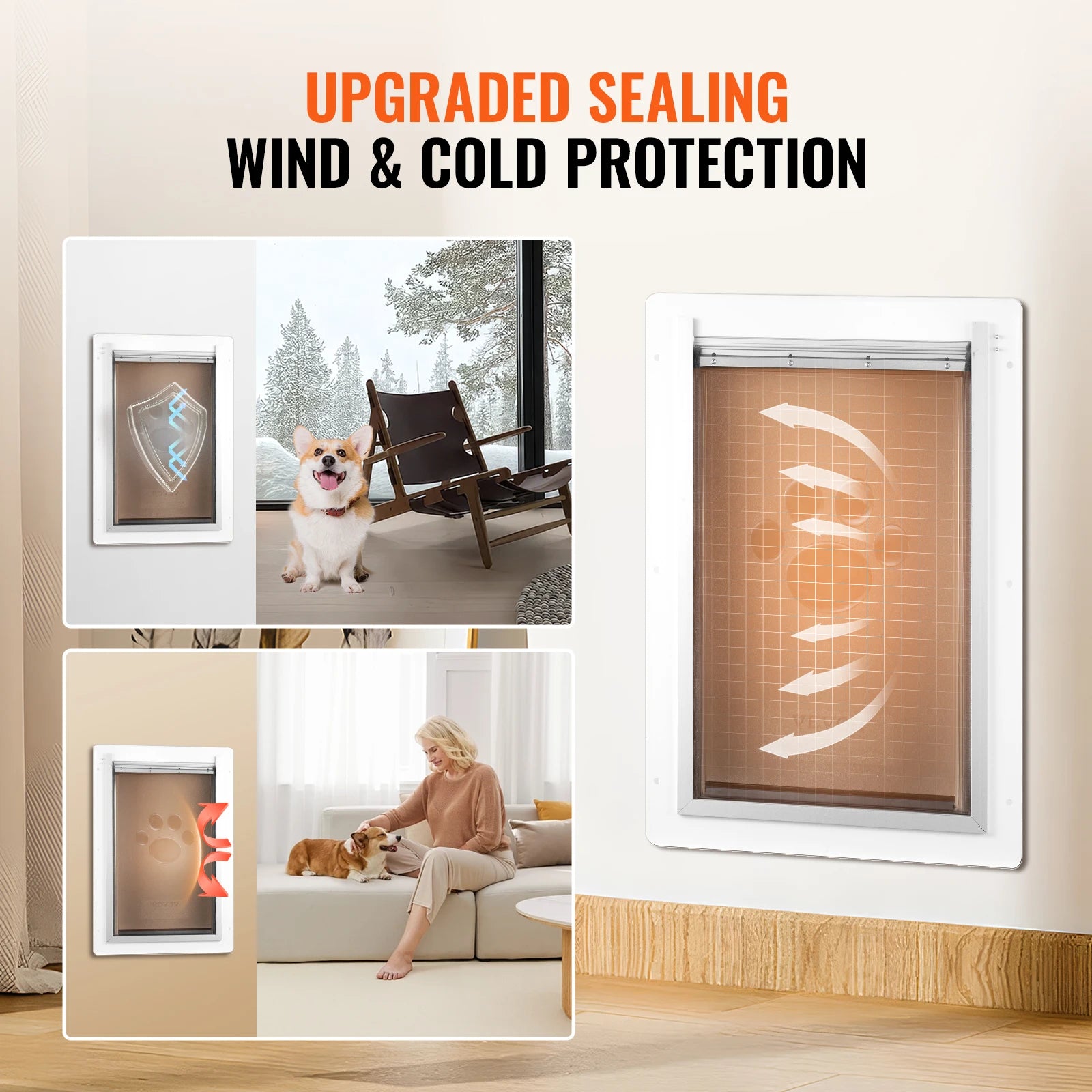 SucceBuy weatherproof pet door with white metal frame, 3-flap system, and lock for easy wall installation.