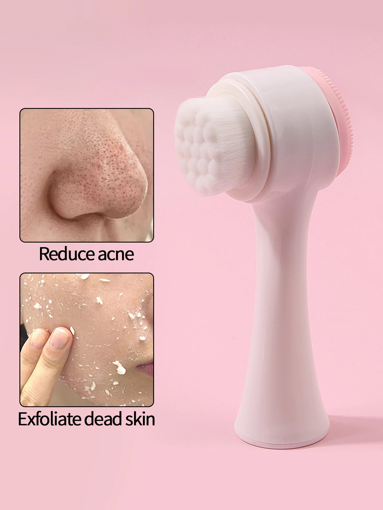 Manual dual-sided facial cleansing brush with soft bristles and silicone scrubber for exfoliating and acne reduction.