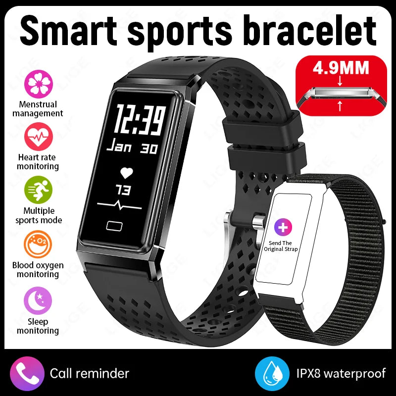 Black smart sports bracelet with rectangular display and health monitoring feature icons