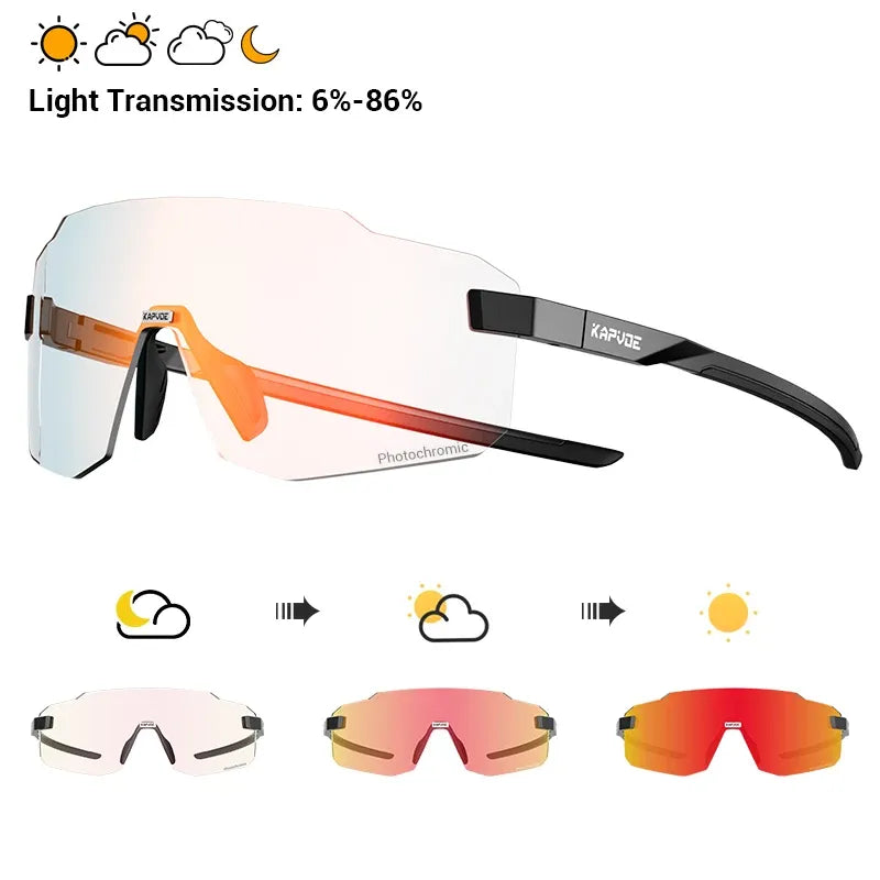 Photochromic cycling sunglasses with orange-tinted shield lenses and white frame, black temples