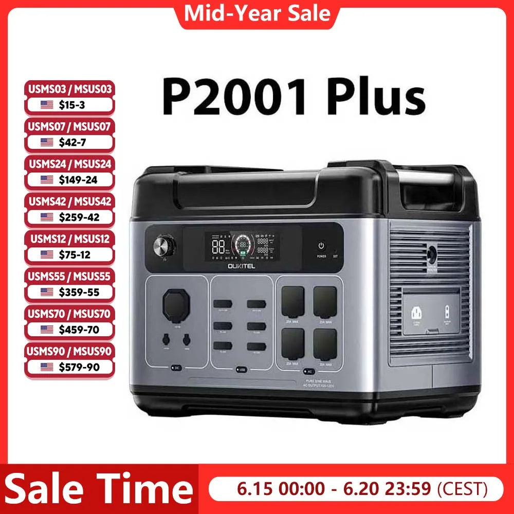 OUKITEL P2001 Plus 2400W Power Station 2048Wh Solar Generator 1.5H Full Charging, APP Control Battery Backup for Outdoor Camping