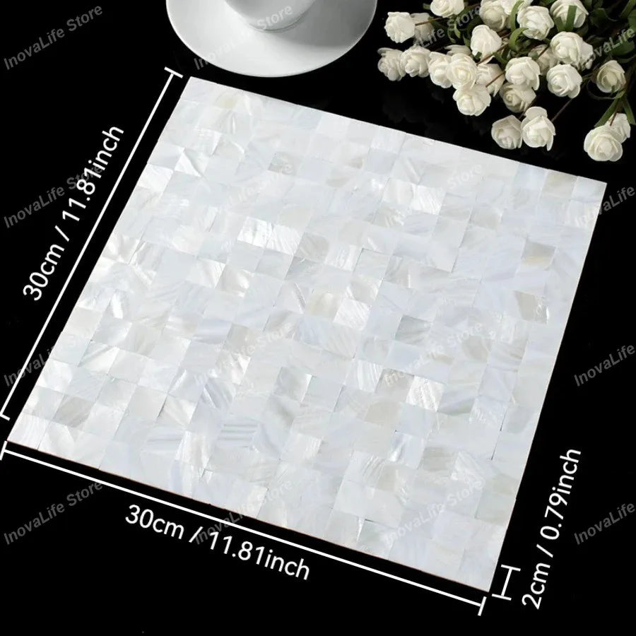 Mother of pearl mosaic tile sheet, bright white reflective square pattern, 30x30 cm