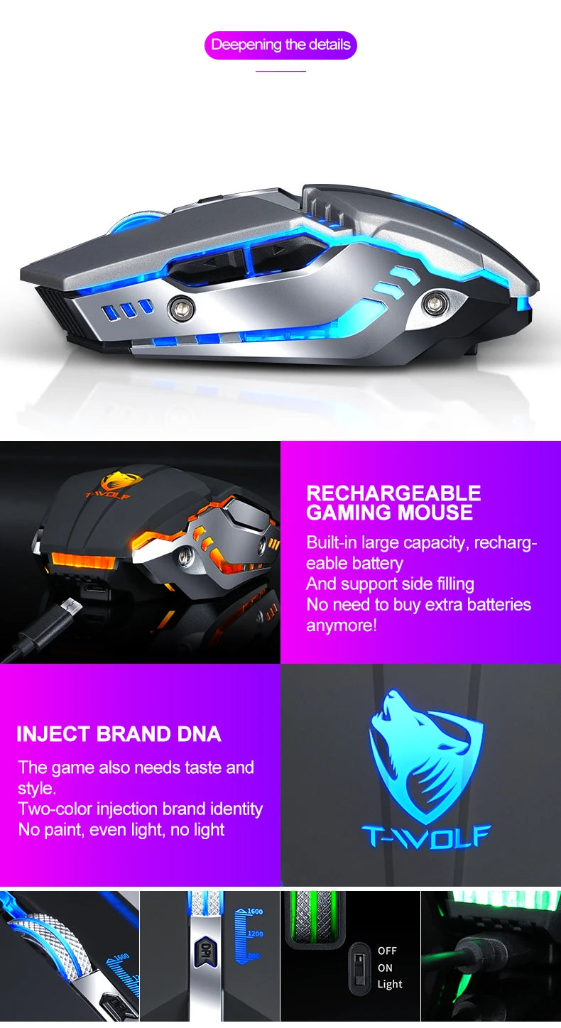 T-WOLF Thunderwolf Q15 Rechargeable Wireless Mouse RGB Glow Game Office Silent Laptop 2.4g Rechargeable Wireless Mouse