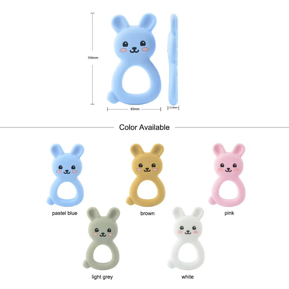 Silicone baby teething ring in blue, brown, pink, grey, and white for soothing infant gums.
