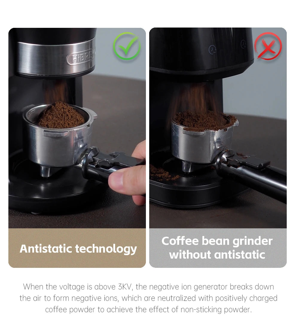 HiBREW black and silver espresso grinder comparing antistatic technology to a standard grinder with portafilter.