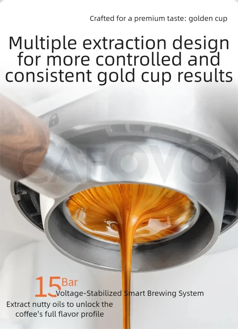 CAFOVO 15-bar espresso machine portafilter extracting rich espresso shot with premium metal and wood handle design.