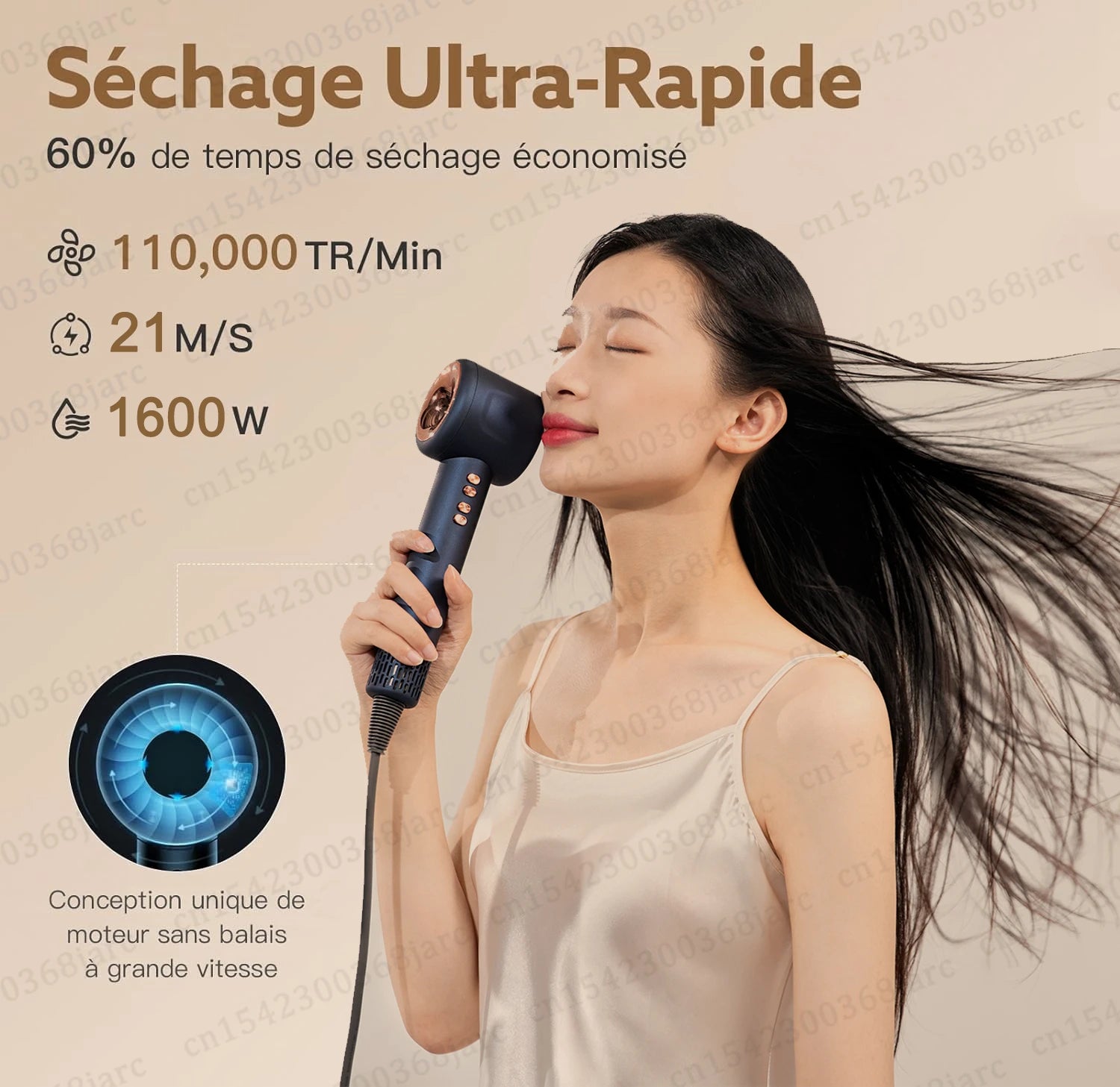 Dark blue professional leafless ionic hair dryer, 1600W, fast-drying, salon-quality hair care for smooth, shiny hair.
