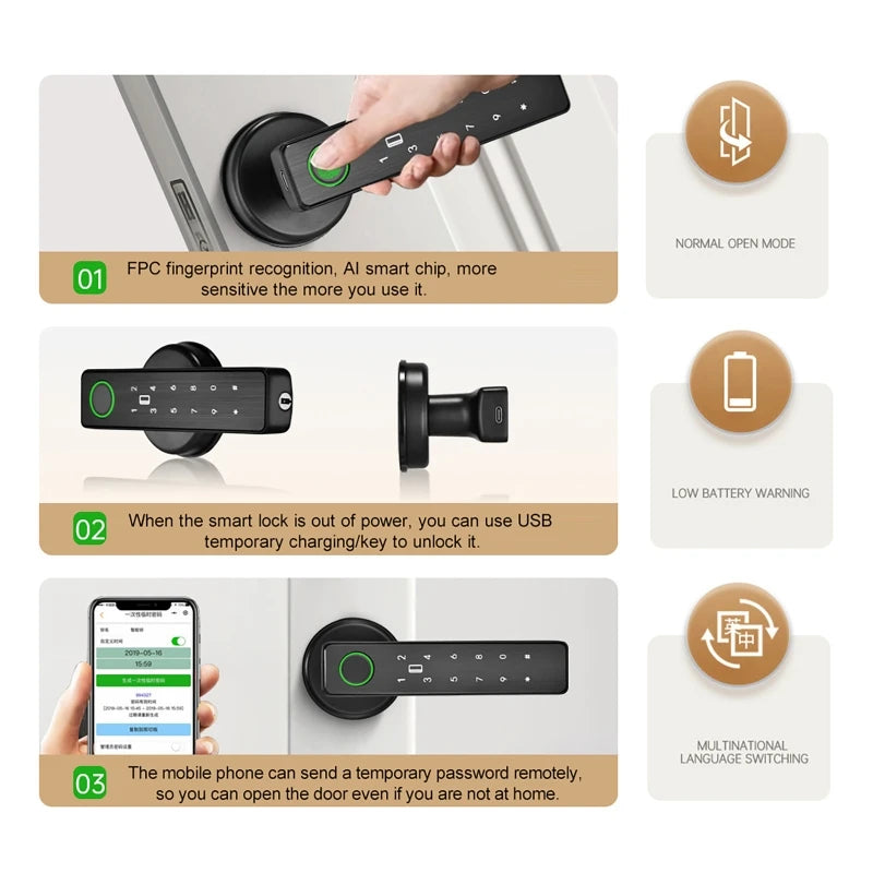 Digital Door Lock Tuya APP WiFi Remote Control Smart Fingerprint Password RFID IC Card Lock Dead Bolt For Home Wooden Metal Door