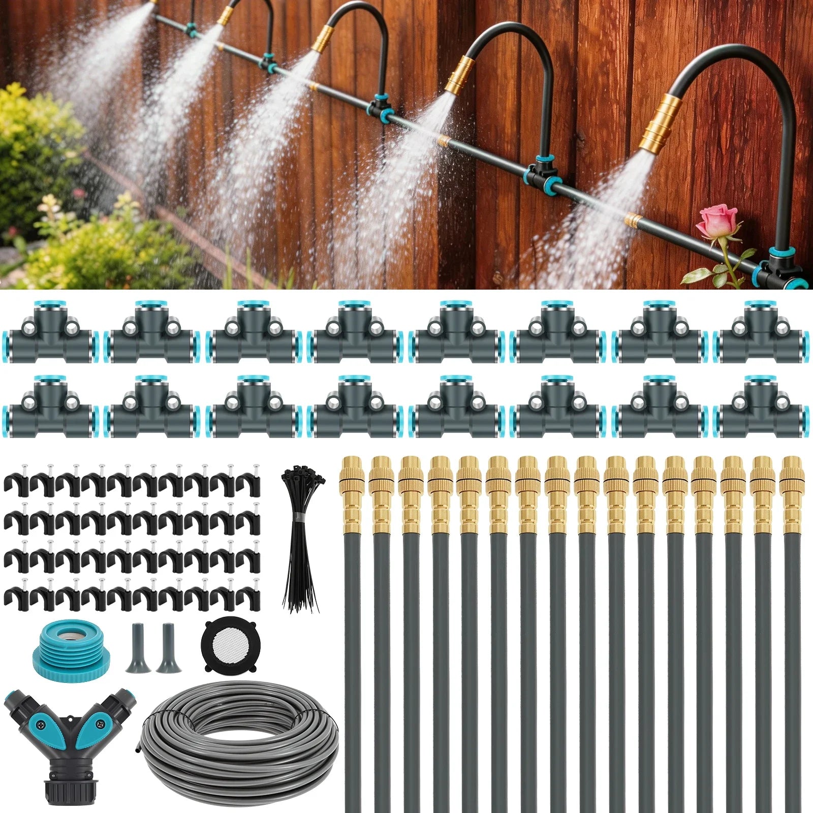 30M 1/4inch Drip Irrigation System Garden Automatic Watering Kit with 360° Adjustable Copper Nozzles for Greenhouse Lawn