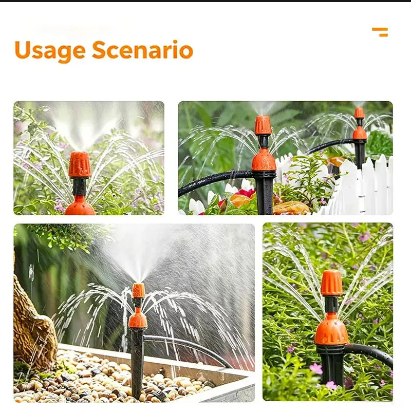 Adjustable drip and spray irrigation stake, black with orange top and nozzle