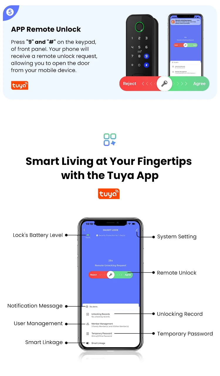 Tuya WiFi 8 Language Fingerprint IP66 Waterproof Outdoor Gate Passcode RFID Card Keyless Smart Rim Lock for Home