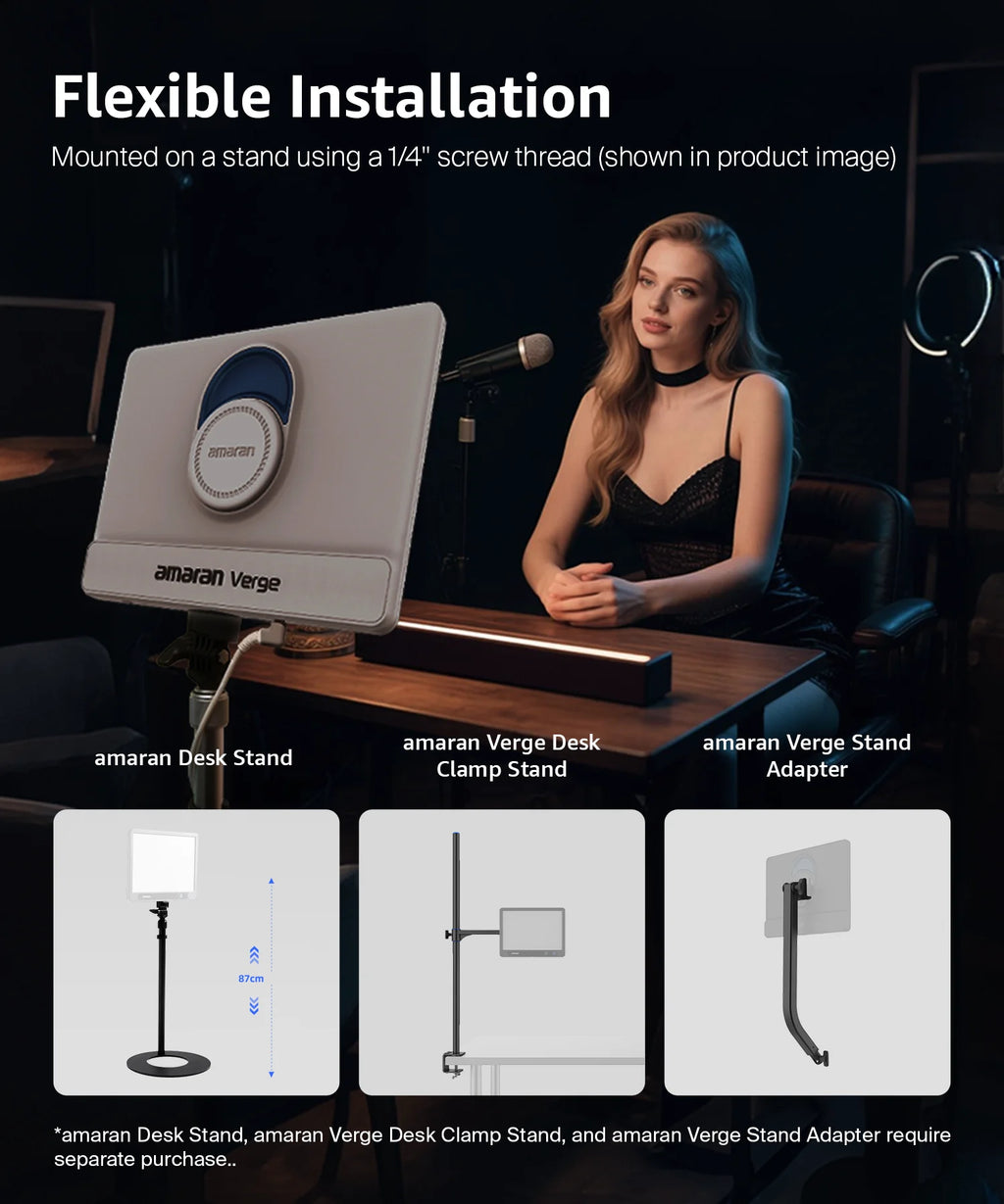 Amaran Verge square LED light panel with 1/4" screw thread for mounting on various adjustable desk and floor stands.