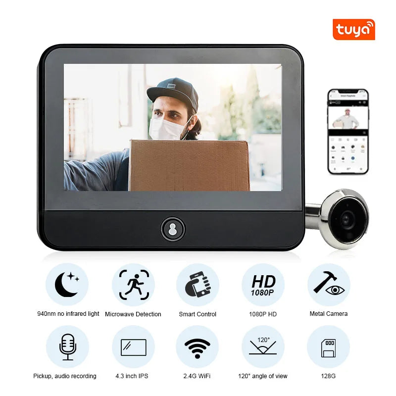 4.3 Inch WiFi Digital Door Peephole Tuya Smart LIfe Eye Cat Human Detection 3MP 120° Wide Angle Night Vision Hidden Video Viewer