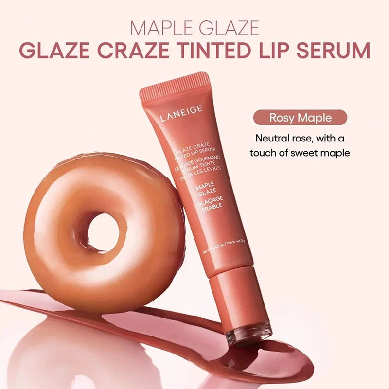 Laneige Glaze Craze Tinted Lip Serum in Rosy Maple with a glossy donut-shaped applicator for hydrating lip care.