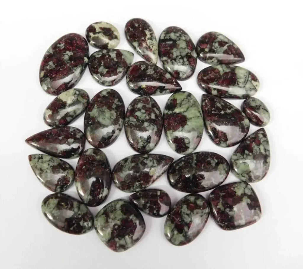 Loose gemstone cabochon lot, polished freeform oval and teardrop stones, green and dark maroon red