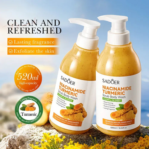 Sadoer anti-inflammatory turmeric scrub body wash, 520ml, in orange bottles for clean, refreshed skin.