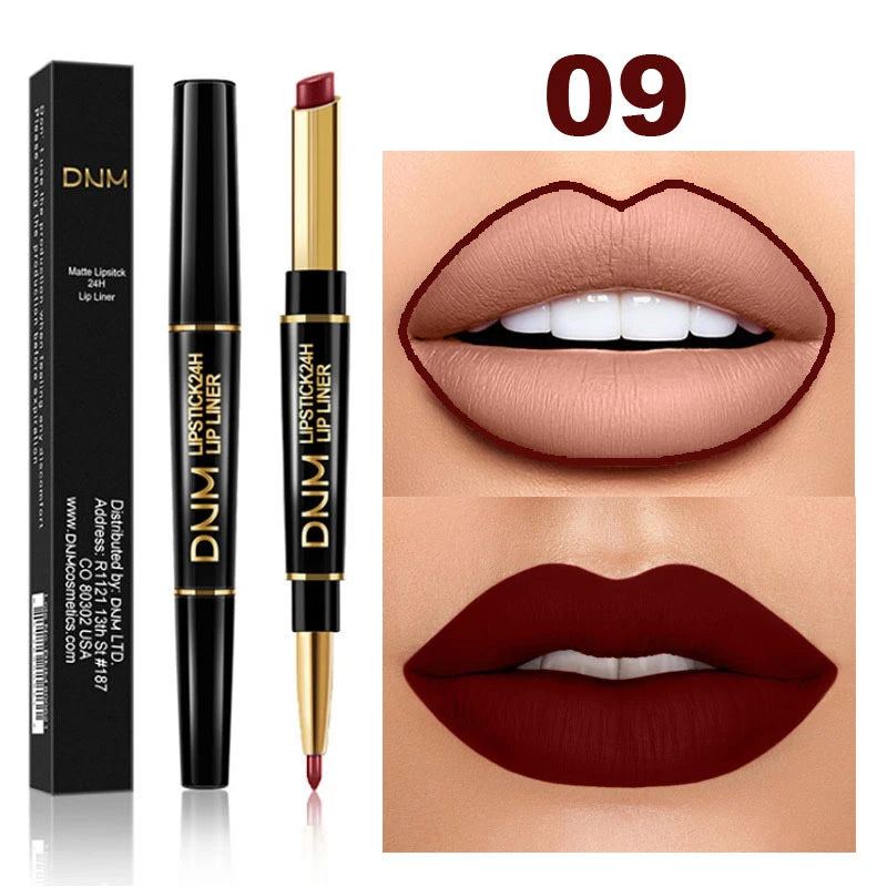 DNM 2-in-1 waterproof matte lipstick and lip liner pencil in shade 09 for long-lasting, bold, and nude lip makeup.