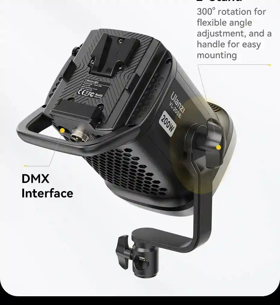Black 200W LED studio light with V-mount battery plate, DMX interface, and a 300-degree rotating mounting yoke.
