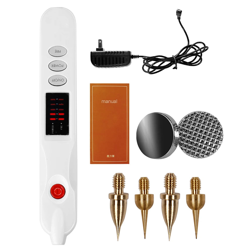 White plasma skin pen kit for mole, freckle, and wart removal with charging cable, manual, and gold replacement tips.