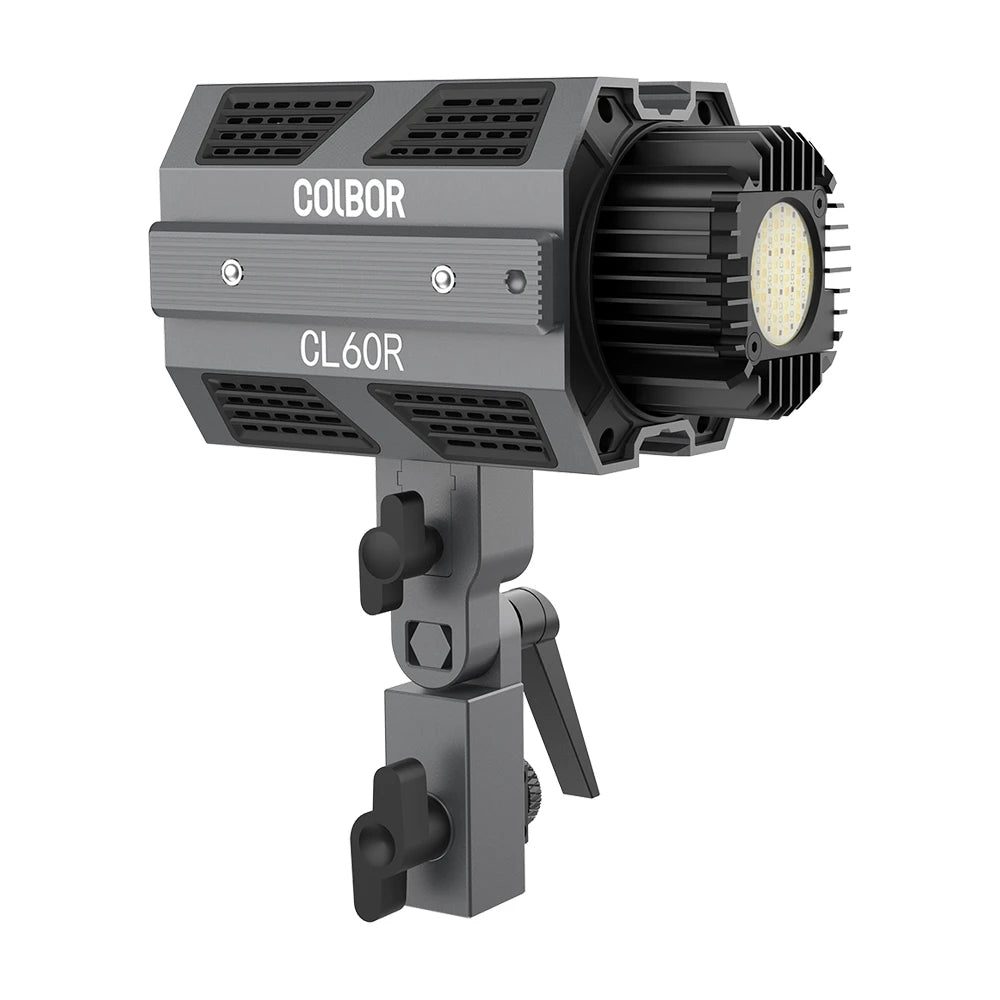 CL60R RGB LED studio light with grey metal housing, black cooling vents, and adjustable mount for video production.