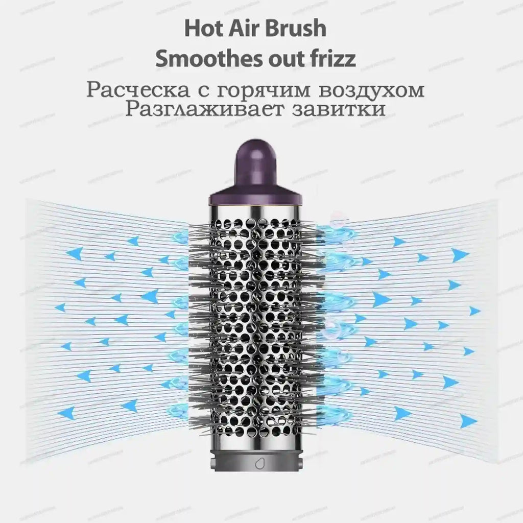 Purple and silver anti-frizz hot air brush attachment for 6-in-1 hair styler, perfect for smooth, sleek styling.