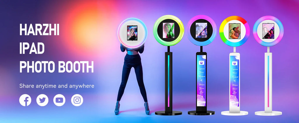 Four iPad photo booths with circular LED ring lights on thin stands, displayed in black and white against a purple