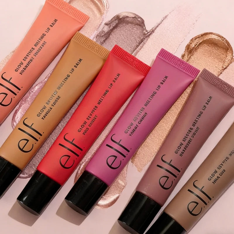 e.l.f. Glow Reviver Melting Lip Balm tubes in various shades with creamy, glossy swatches on a neutral background.