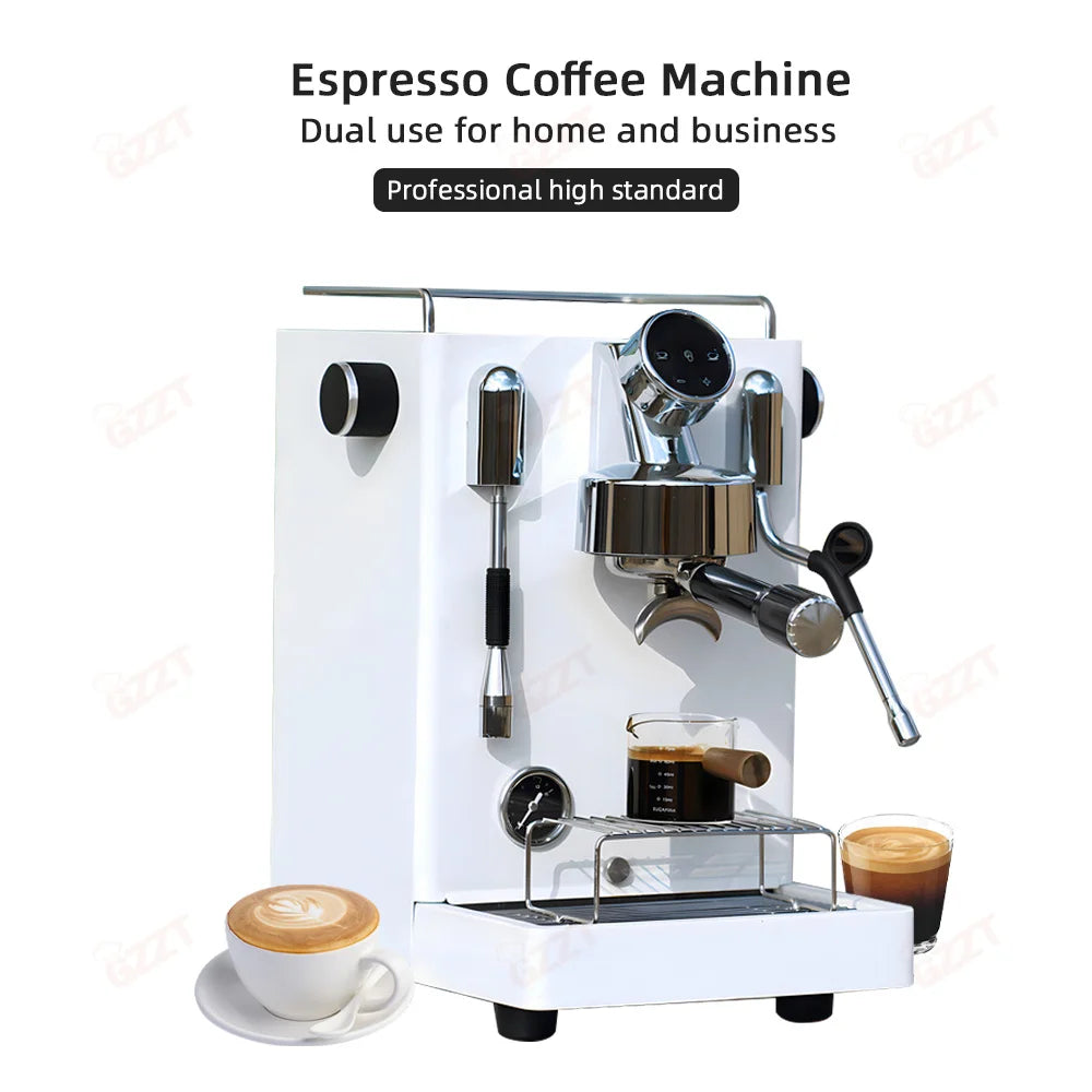 GZZT white professional espresso machine with stainless steel accents, pressure gauge, and portafilter for home or shop.