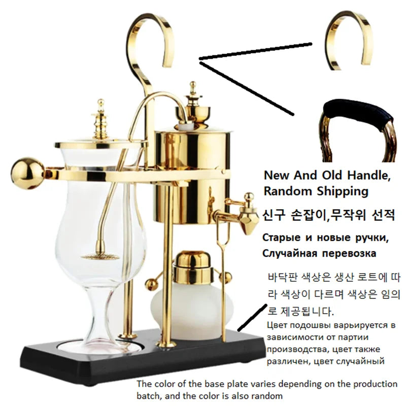 Vintage-style gold brass siphon coffee maker with glass brewing chamber on a black base with random handle design.